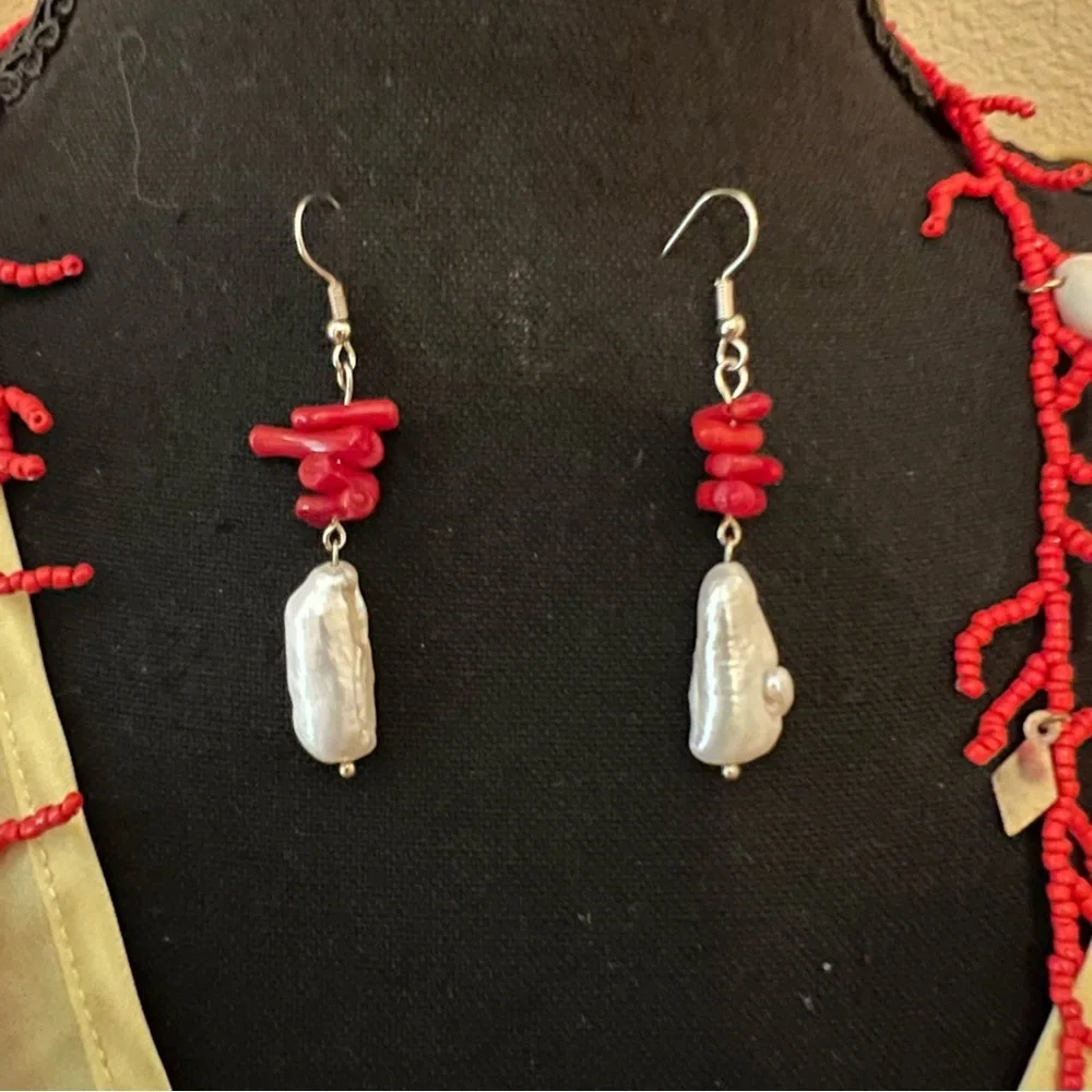 Red Coral Chip Necklace & Baroque Pearl Earrings Set | Statement Jewelry